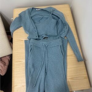 Zara Teal Ribbed Knit Pants and Cardigan Set